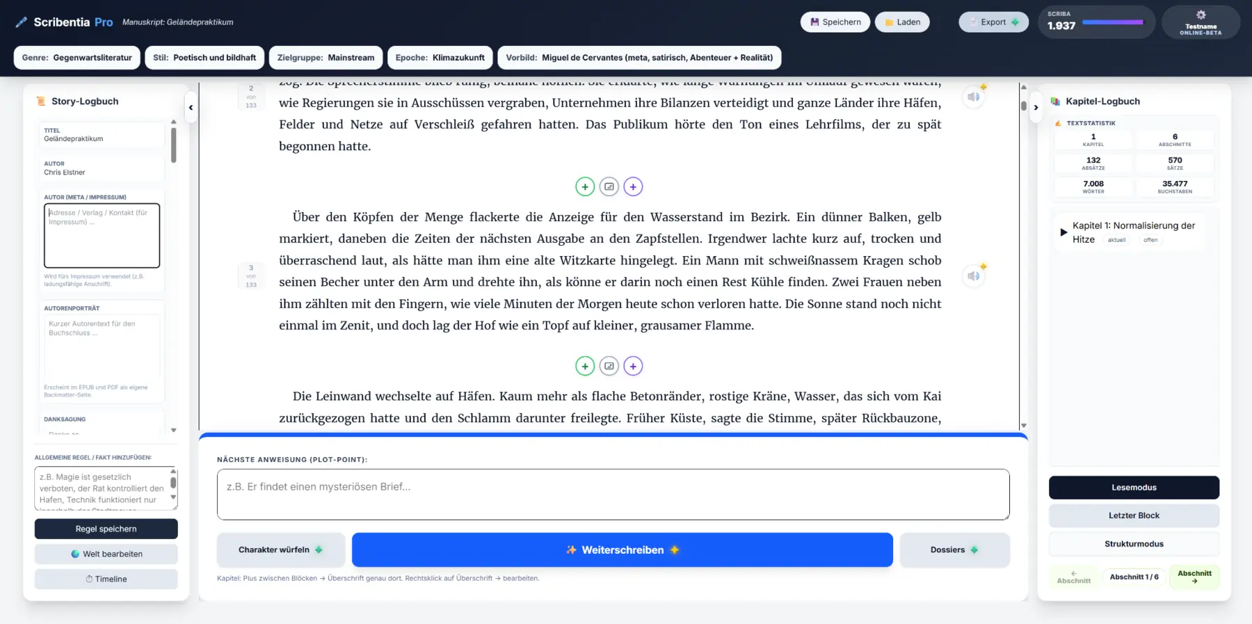 Aktueller Scribentia-Schreibeditor mit Story-Logbuch, Manuskript und Kapitelübersicht