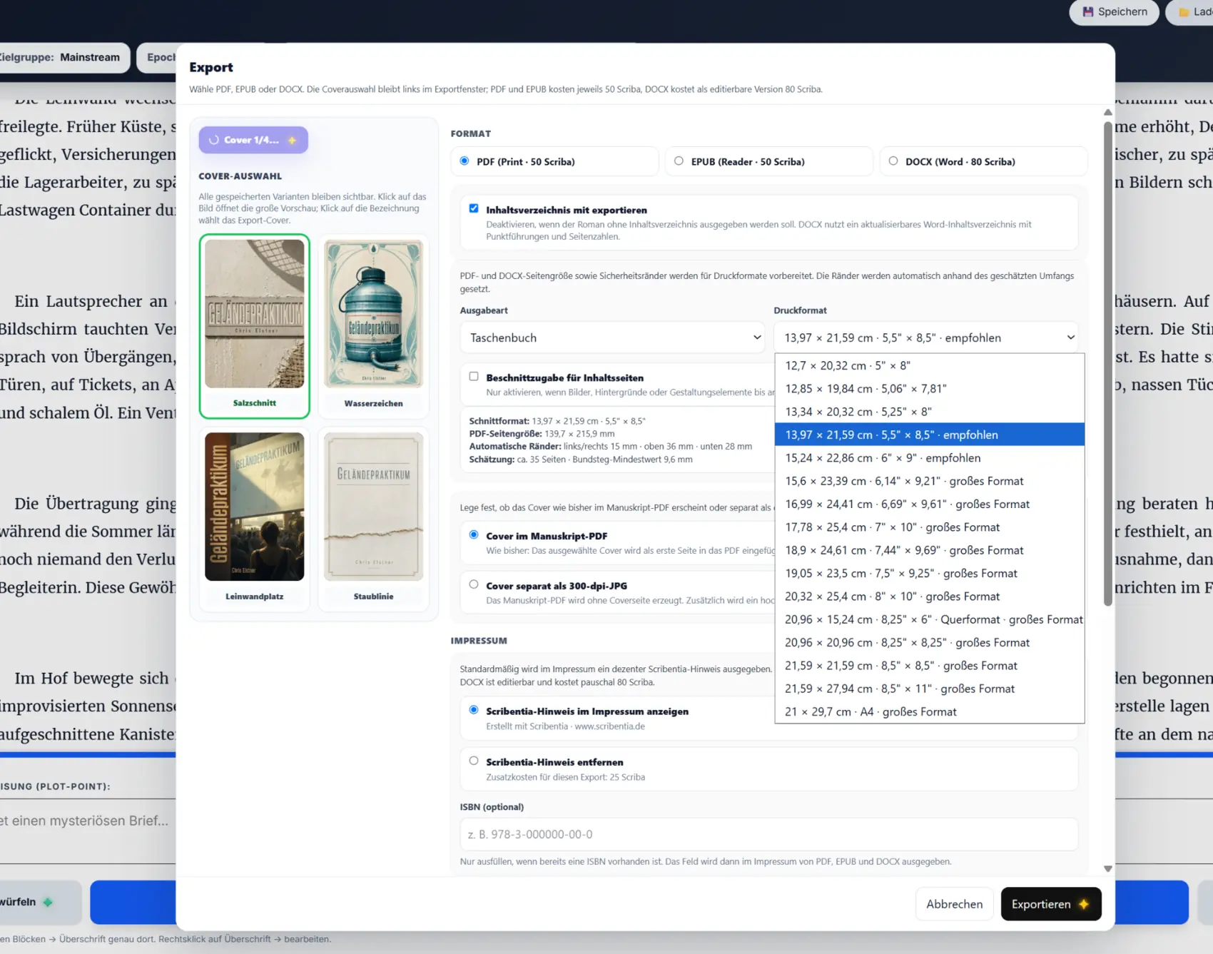 Scribentia-Exportfenster mit Coverauswahl sowie PDF-, EPUB- und DOCX-Export