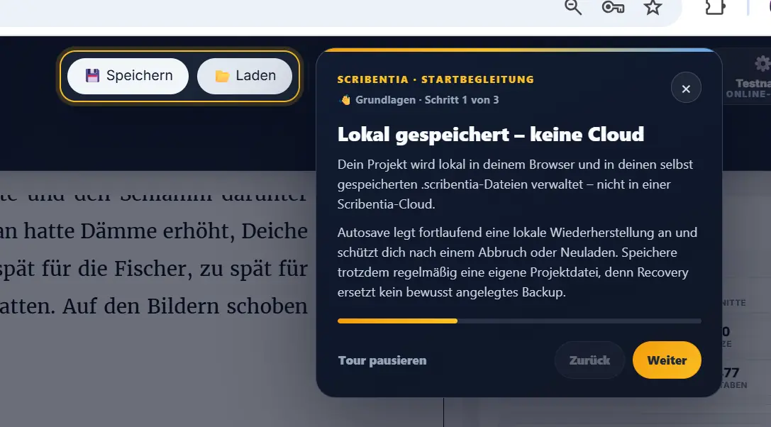 Scribentia-Einführungstour mit Hinweis zur lokalen Speicherung